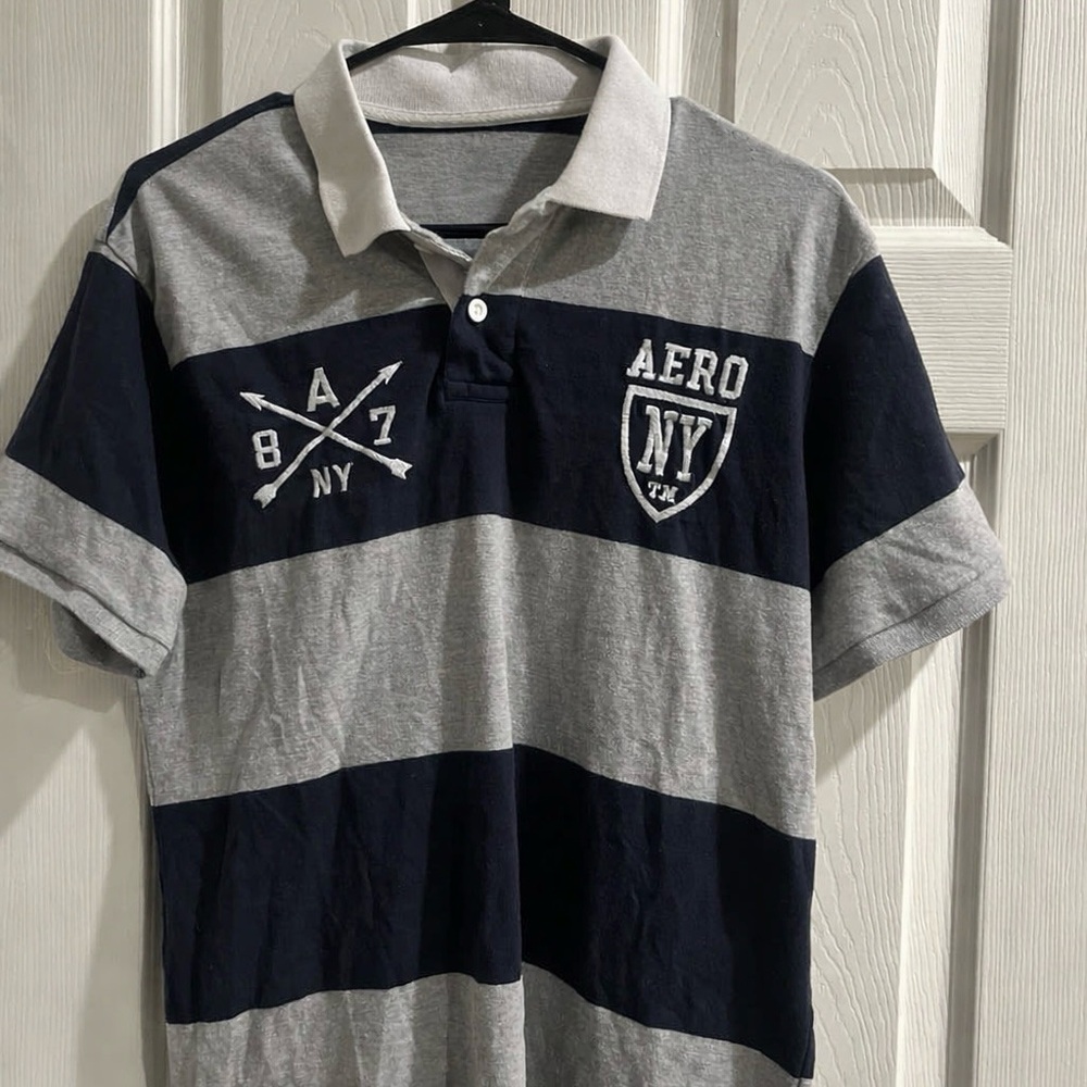 Aeropostale Gray and Navy Striped Polo